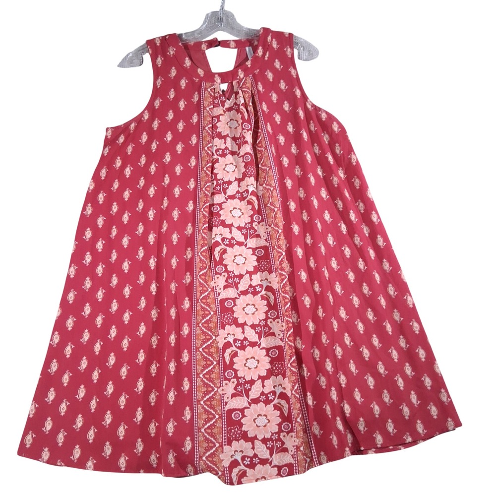 Xhilaration Red Paisley Floral Sleeveless Mini Shift Dress XL Boho Keyhole Back
